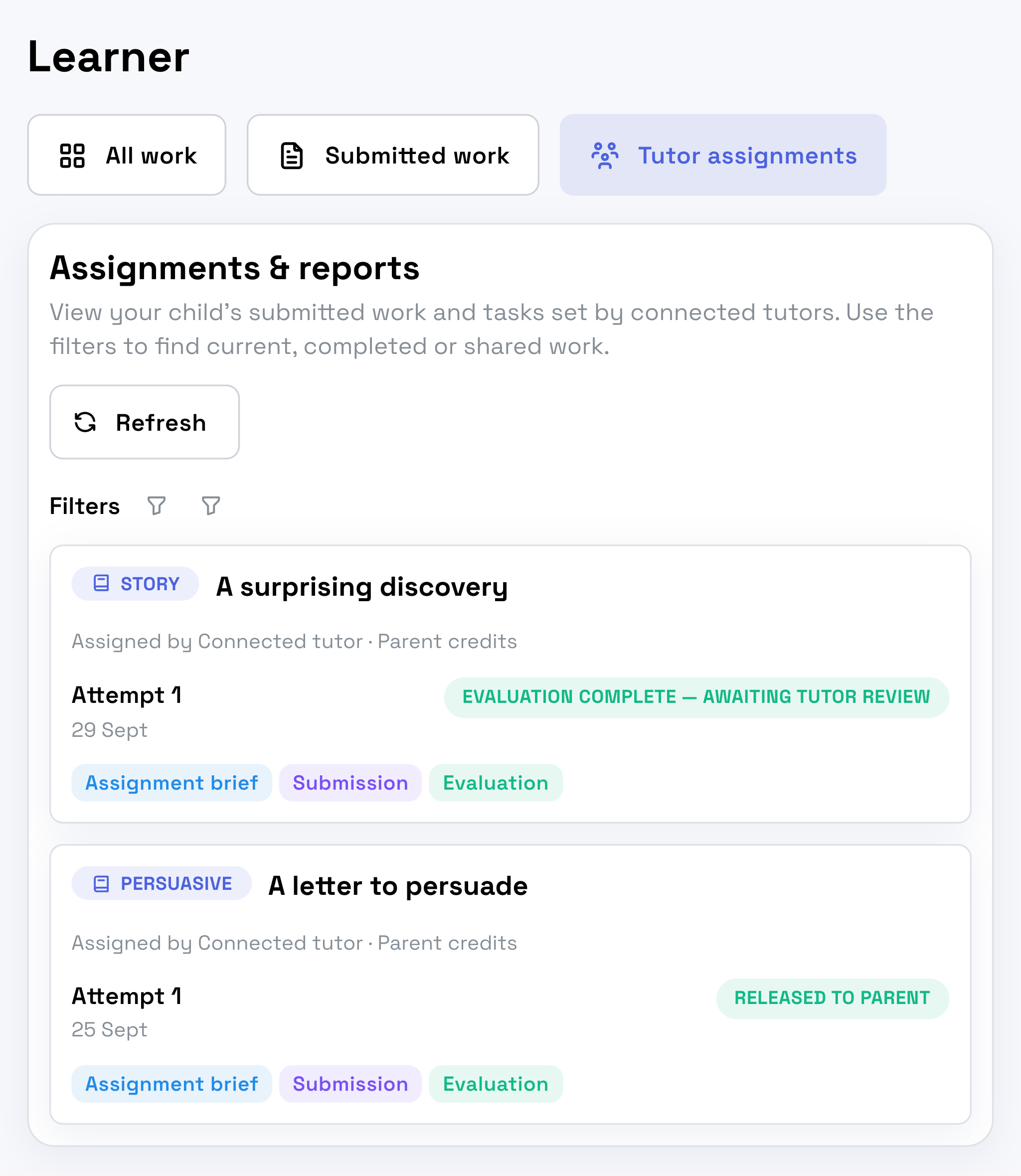 Parent workspace showing tutor-set work awaiting review and released feedback.